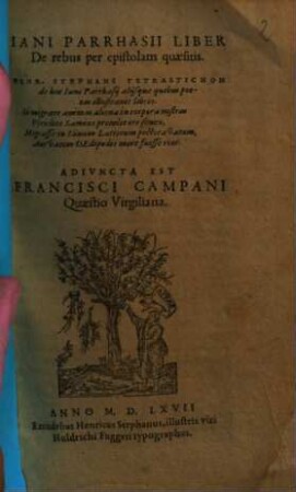 Iani Parrhasii Liber De rebus per epistolam quaesitis
