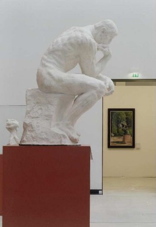 Rodins Denker im Garten des Dr. Linde in Lübeck : Raumaufnahme Ausstellungssaal. Blick vom "Denker" zum Gemälde "Rodins Denker im Garten des Dr. Linde in Lübeck" von E. Munch im hinteren Seitenkabinett