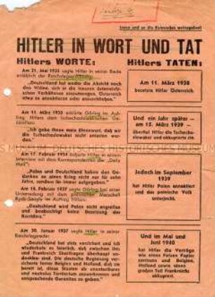 Sowjetisches Abwurf-Flugblatt mit einer Gegenüberstellung von Hitlers Worten und Taten