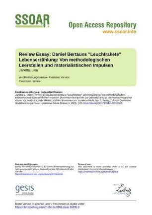 Review Essay: Daniel Bertauxs "Leuchtrakete" Lebenserzählung: Von methodologischen Leerstellen und materialistischen Impulsen