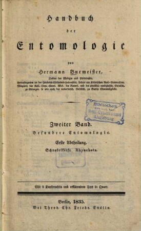 Handbuch der Entomologie. 2,1, Besondere Entomologie ; 1, Schnabelkerfe, Rhynchota