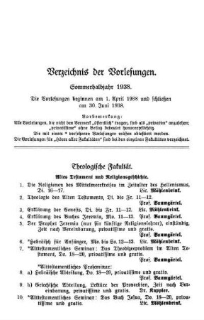Verzeichnis der Vorlesungen.Sommerhalbjahr 1938.
