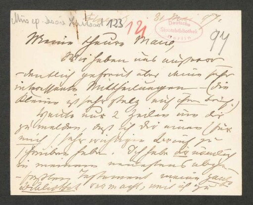 Briefkarten an Marie von Bülow : 31.05.1897