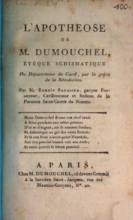 L' apothéose de M. Dumouchel, évêque schismatique du Département du Gard, par la grâce de la Révolution