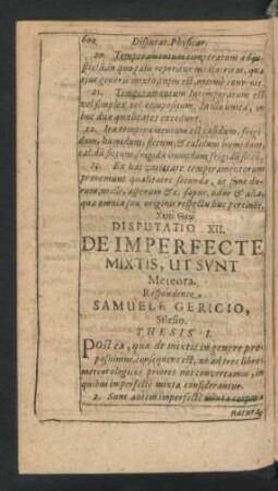 Disputatio XII. De Imperfecte Mixtis, ut Sunt Meteora. Respondente Samuele Gericio
