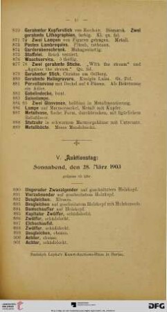 V. Auktionstag: Sonnabend, den 28. März 1903 präzise 10 Uhr (Nr. 890-1062)