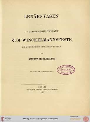 Band 72: Programm zum Winckelmannsfeste der Archäologischen Gesellschaft zu Berlin: Lenäenvasen