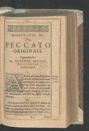 Disputatio XI. De Peccato Originali. Respondente M. Iohanne Iacobo Zuckwolfio.