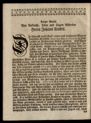 Kurtzer Bericht Von Ankunfft, Leben und seligem Absterben Herrn Johann Arndts