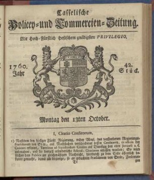 42. Stueck, Montag den 13ten October 1760