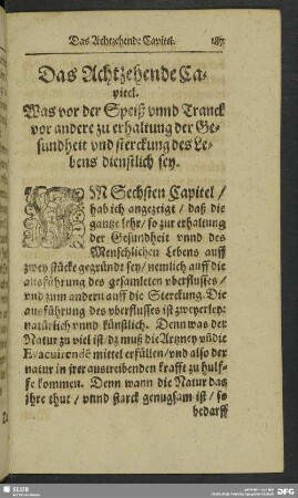 Das Achtzehende Capitel. Was von der Speiß unnd Tranck vor andere zu erhaltung der Gesundheit und sterckung des Lebens dienstlich sey
