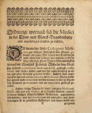 Churfürstliche Brandenburgische Medicinal-Ordnung und Taxa
