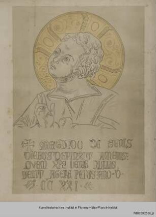 Kopf des Christuskindes einer Madonna von Guida da Siena mit darunter befindlicher Inschrift