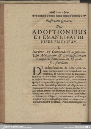Dissertatio Quarta. De Adoptionibus Et Emancipationibus Principum