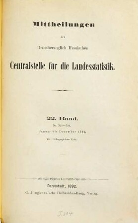 Mitteilungen der Hessischen Zentralstelle für die Landesstatistik. 22. 1892, Jan. - Dez. = Nr. 507 - 534