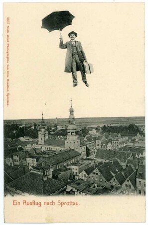 Sprottau. Ausflug nach Sprottau. Mann mit Schirm