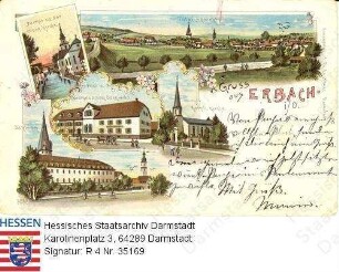 Erbach im Odenwald, Panorama und Einzelansichten / Partie an der evangelischen Kirche, Post und Gasthaus zum Odenwald, katholische Kirche, Schloss Erbach