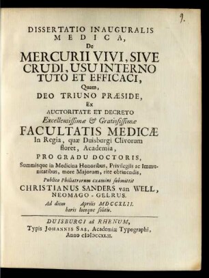 Dissertatio Inauguralis Medica, De Mercurii Vivi, Sive Crudi, Usu Interno Tuto Et Efficaci