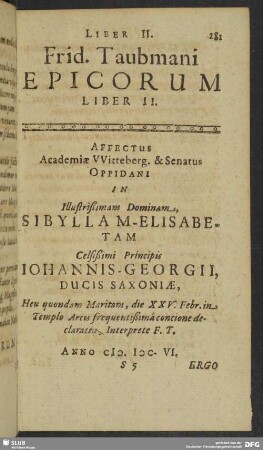 Frid. Taubmani Epicorum Liber II.