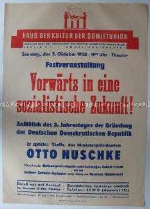 Plakat über eine Festveranstaltung anlässlich des 3. Jahrestages der Gründung der Deutschen Demokratischen Republik unter Mitwirkung des Berliner Sinfonie-Orchesters
