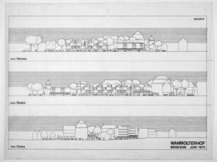 Wettbewerb Wambolter Hof (nicht realisiert) – Westansicht, Südansicht, Ostansicht. Bensheim/Hessen, Beauner Platz, Neugasse, Schuhgasse, Grabengässchen, Bahnhofstraße
