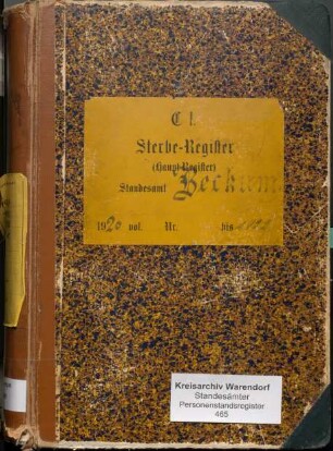 Sterberegister des Standesamtes Beckum-Stadt von 1920 (Urkunden-Nr. 1-155), von 1921 (Urkunden-Nr. 1-136) und von 1922 (Urkunden-Nr. 1-142)