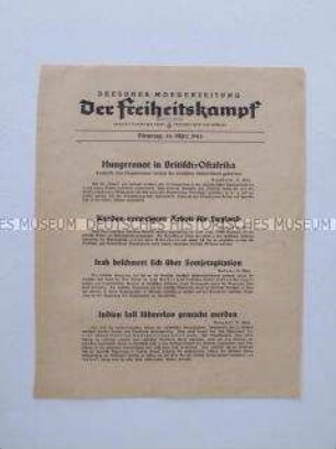 Nachrichtenblatt der sächsischen NSDAP-Zeitung "Der Freiheitskampf" über die Hungersnot in der britischen Kolonie in Ostafrika