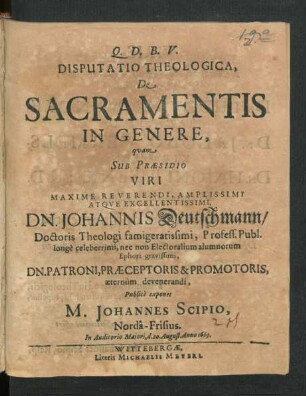 Disputatio Theologica, De Sacramentis In Genere