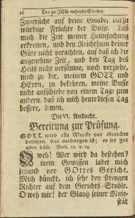 Die VI. Andacht. Bereitung zur Prüfung.