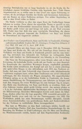 245-246 [Rezension] Campenhausen, Axel Freiherr von, Staat und Kirche in Frankreich