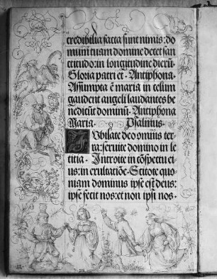 Gebetbuch Kaiser Maximilians I. — Spielmann und Hahn in Ranken; unten ein tanzendes und ein laufendes Paar (Text: Jubilate...), Folio 56verso