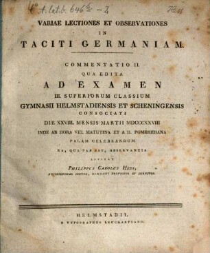 Variae lectiones et observationes in Taciti Germaniam : Commentatio, 2