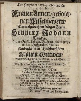 Der Hoch Edlen/ Groß-Ehr- und Tugendreichen Frauen Annen/ gebohrnen Wisenhavern [...]