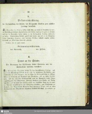 A. Bekanntmachung, die Versammlung der Stände des Königreichs Sachsen zum nächsten ordentlichen Landtage betreffend
