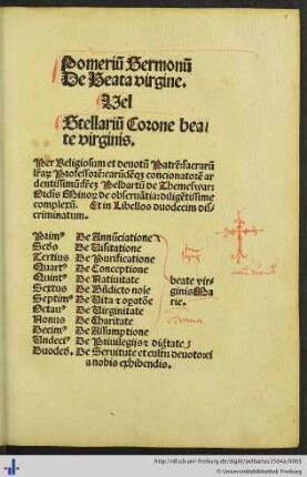 Pomeriũ Sermonũ De Beata virgine. Vel Stellariũ Corone bea/te virginis.