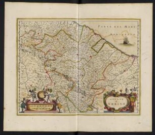 Karte vom Herzogtum Urbino, ca. 1:310 000, kolorierter Kupferstich, 1645 : Ducato di Urbino. - [Ca. 1:310.000]. - [Amsterdam] : Ioannes Ianssonius, [1645]. - 1 Kt : Kupferst ; 47 x 36 cm. - Maßstab in graph. Form (Milliaria Italica communia, Milliaria Germanica communia)