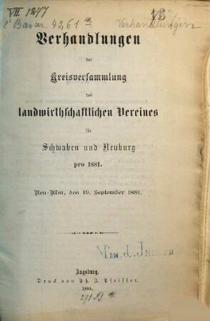 Verhandlungen der Kreisversammlung des Landwirtschaftlichen Vereins für Schwaben und Neuburg. 1881, 19. Sept.