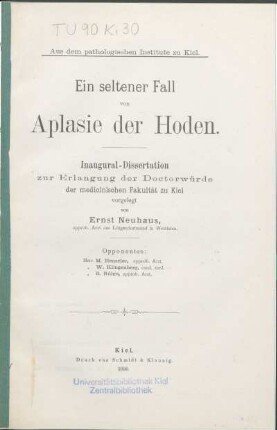 Ein seltener Fall von Aplasie der Hoden