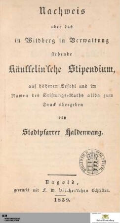 Nachweis über das in Wildberg in Verwaltung stehende Käuffelin'sche Stipendium