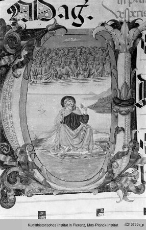 Antiphonar : Buchseite mit historisierter Initiale V: Evangelist Johannes auf Patmos