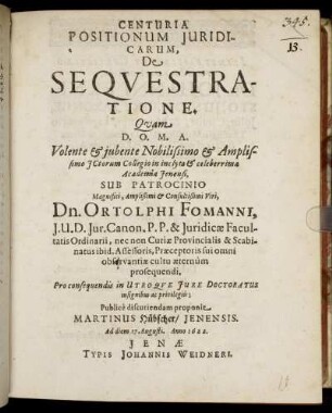 Centuria Positionum Iuridicarum, De Sequestratione