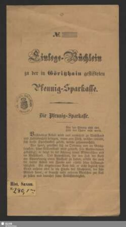 Einlege-Büchlein zu der in Göritzhain gestifteten Pfennig-Sparkasse