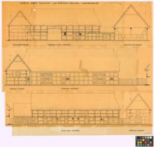 Göritz (Kreis Schlawe): Hof Berthold Dähling. - Stall (1820) (Querschnitt, Hof-Seiten-Ansicht). - Torhaus (1794) (Hof-Seiten-Ansicht, zwei Querschnitte). - Scheune (1844) (Querschnitt, Hof-Seiten-Ansicht)