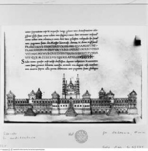 Trattato di Architettura - Codex Valencianus, Buchseite mit der Fassade des Hospitals (11. Buch)