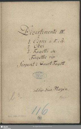 Divertimentos - Mus.3356-P-520,4 : winds - F; Hob II:45