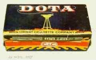 Pappschachtel für 100 Stück Zigaretten "DOTA" (Abbildung: großer Aschenbecher mit Standfuß und rauchender Zigarette)