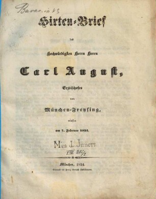 Hirtenbrief. 1854, 7. Febr.