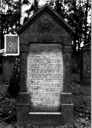 Grabstein 58 (Index: 100111122) Material: Sandstein Zustand: leicht verwittert Maße HxBxT: 158x70x17 cm Beschreibung: ädikulaartige Stele mit Pilaster, giebelartiger Abschluß mit Verdachung Symbolik: Blüte, Blätter: Grabstein 58