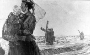Windmühlen, Ausschnitt aus: Gemälde von H. Nadler/Gröden, aus: Heimatkalender Bad Liebenwerda, 1914