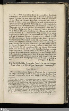 Die christkatholische Gemeine Breslau´s an die übrigen Gemeinden des Schlesischen Provinzial-Verbandes